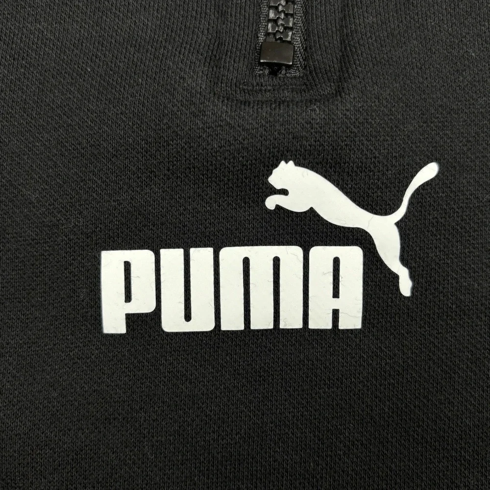 Puma Quarter Zip Fleece Pullover Mens Large Black Sleeve Logo Tape Sweatshirt